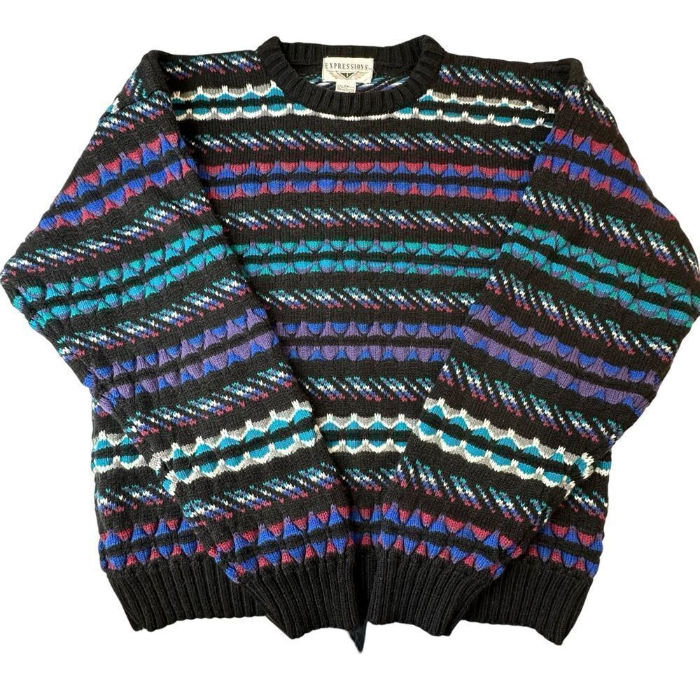 EXPRESSIONS Brand Vintage Multicolor Striped 90’s Crewneck Sweater Size Large
